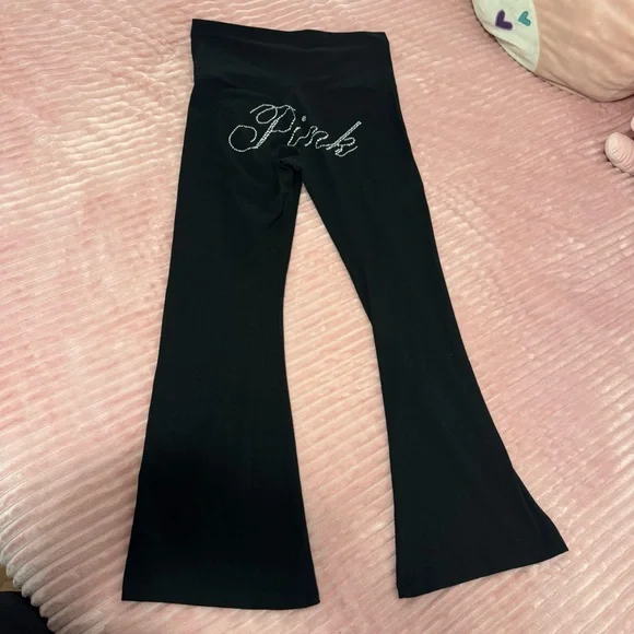 VS Pink All-Day Cotton Foldover Flare Leggings Pure Black Shine Size L - Picture 3 of 7